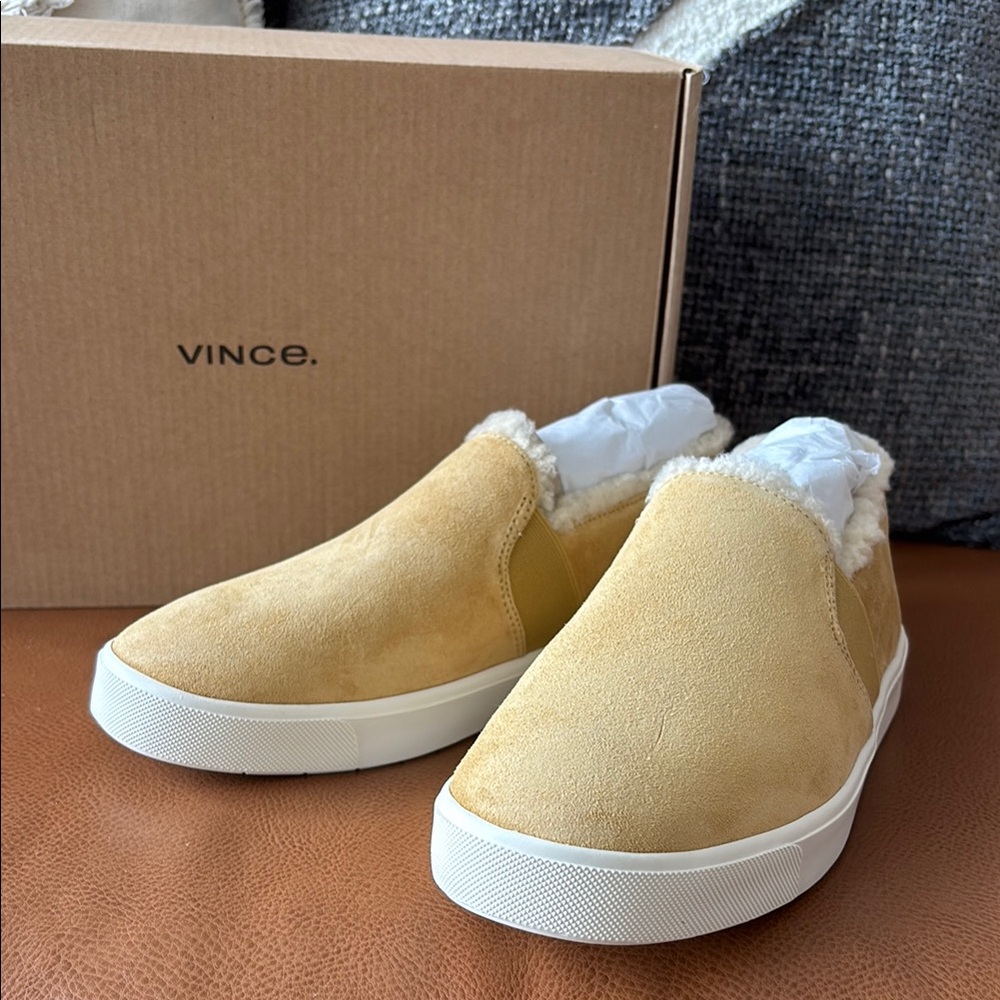 Vince Women’s Tan Suede Lamb Fur Slip-On Sneakers, Sherling Ankle, NWT